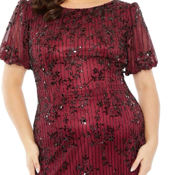 Mac Duggal Size 20 WBurgundy Puff Sleeve Beaded Fairy Cocktail MIDI Holiday $598 - Picture 2 of 8